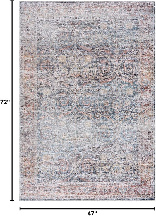Bloom Rugs Caria Washable Non-Slip 4x6 Rug - Ocean Blue/Brick Traditional Area Rug for Living Room, Bedroom, Dining Room, and Kitchen - Exact Size: 4' x 6'