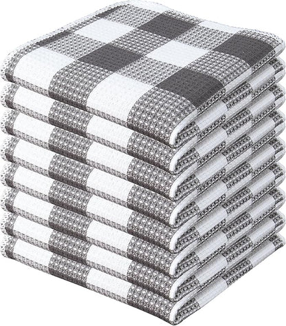 Waffle Weave Plaid Dish Cloths, 100% Cotton - 12 x 12 Inches, Ultra Soft Absorbent Quick Drying Dish Towels Buffalo Check Dish Rags for Kitchen, 8 Pack - Fall Thanksgiving-Steel Grey & White