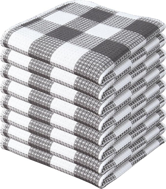 Waffle Weave Plaid Dish Cloths, 100% Cotton - 12 x 12 Inches, Ultra Soft Absorbent Quick Drying Dish Towels Buffalo Check Dish Rags for Kitchen, 8 Pack - Fall Thanksgiving-Steel Grey & White