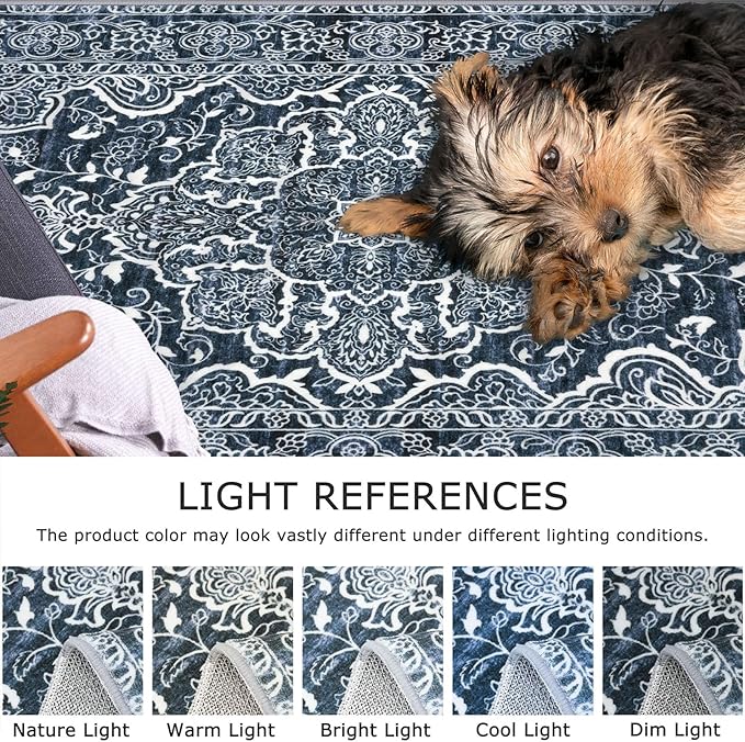 KUTA Vintage Washable Runner Rug, 2x6 Navy Blue Runners for Hallways Non-Slip Kitchen Rugs Ultra Soft Printed Distressed Floral Carpet for Laundry Bedroom Living Room Nursery