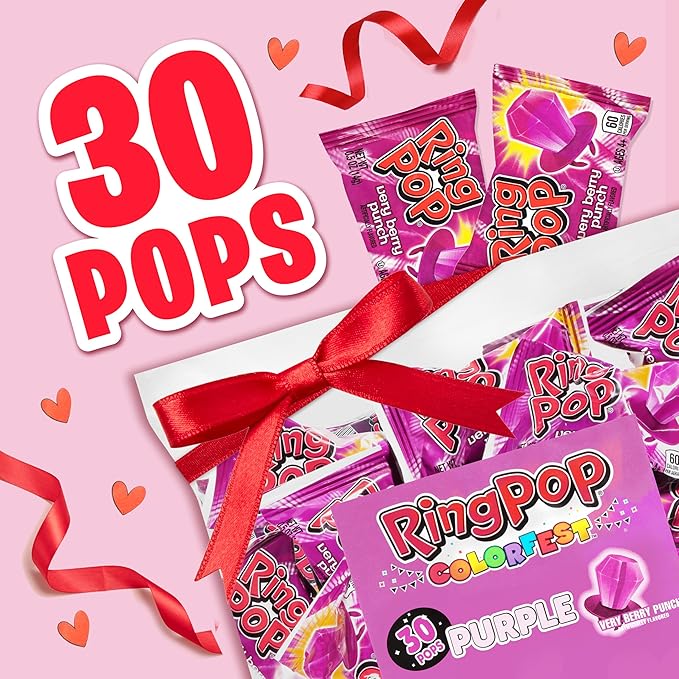 Ring Pop Purple Valentine's Candy Lollipops, 30Ct Bulk Individually Wrapped in Very Berry Punch Flavor, Full Size, Fun Hard Candy For Birthday Parties, Valentine's Gifts, Goodie Bags, Party Favors