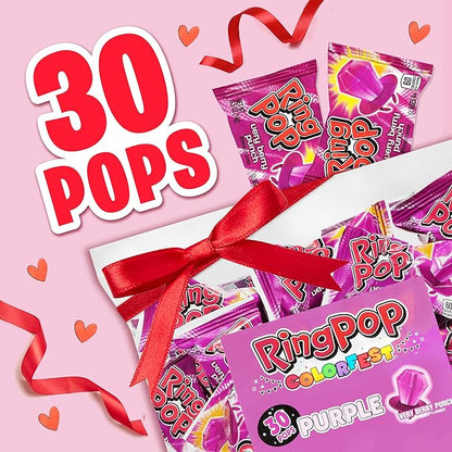 Ring Pop Purple Valentine's Candy Lollipops, 30Ct Bulk Individually Wrapped in Very Berry Punch Flavor, Full Size, Fun Hard Candy For Birthday Parties, Valentine's Gifts, Goodie Bags, Party Favors