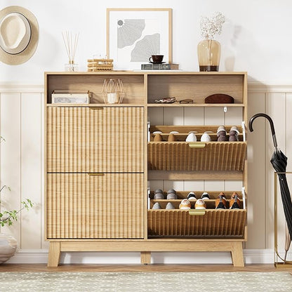 Shoe Cabinet Storage for Entryway with 4 Flip Drawers, Fluted Narrow Shoe Organizer with Wooden Legs & Top Cubby, Freestanding Slim Shoe Storage Hidden Shoe Rack for Front Door Entrance, Oak