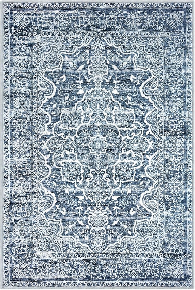 KUTA Entryway Rugs Indoor Non-Slip Washable Small Area Rug 2x3 Blue Entrance Carpet Soft Printed Vintage Floral Distressed Tribal Farmhouse Low-Pile Door Mat for Bedroom Kitchen