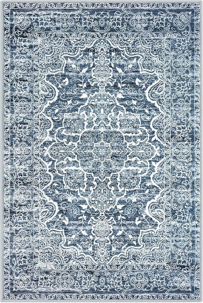 KUTA Entryway Rugs Indoor Non-Slip Washable Small Area Rug 2x3 Blue Entrance Carpet Soft Printed Vintage Floral Distressed Tribal Farmhouse Low-Pile Door Mat for Bedroom Kitchen