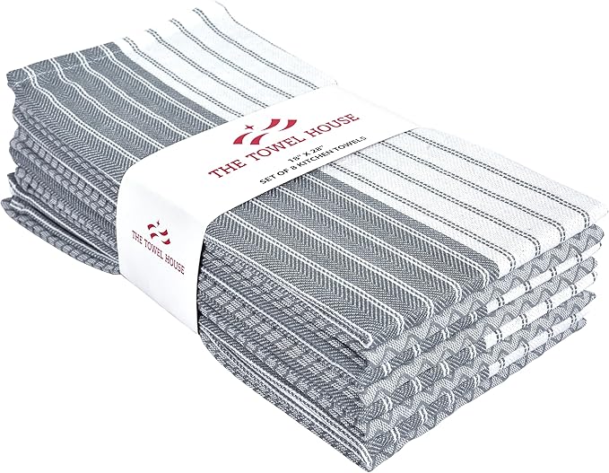 Premium Cotton Weave Kitchen Towels Set – Ultra Absorbent, Quick-Dry Dish Towels with Hanging Loop – Extra Large 18x28 Inches – Grey (Pack of 8)