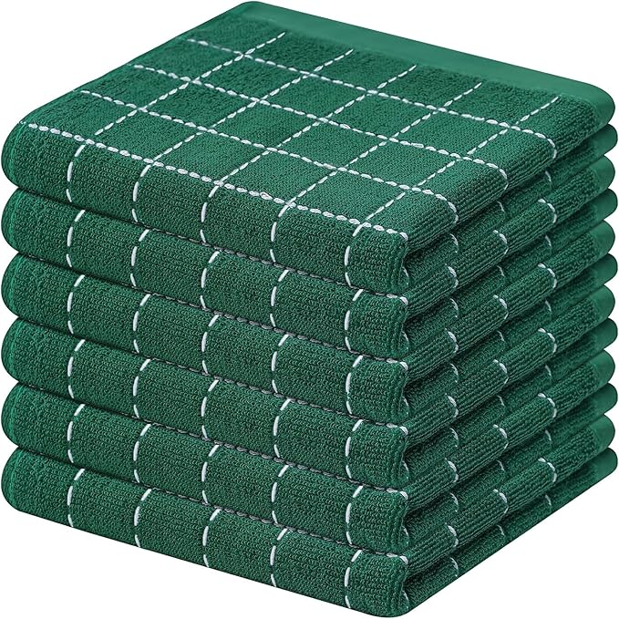 Mordimy 100% Cotton Terry Cloth Dish Cloths, Soft and Absorbent Checkered Dish Towels, Quick Drying Dish Rags for Washing Dishes, 6 Pack, 12 x 12 Inches, Dark Green