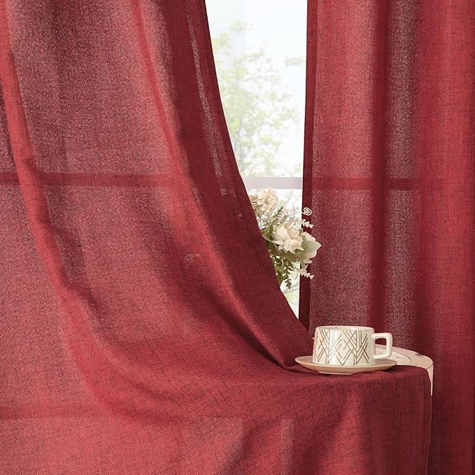 YoungsTex Burgundy Red Linen Curtains 48 Inch Length, Short Semi Sheer Drapes with Rod Pocket Back Tab Light Filtering for Living Room Window, 2 Panels, 42 X 48 Inch