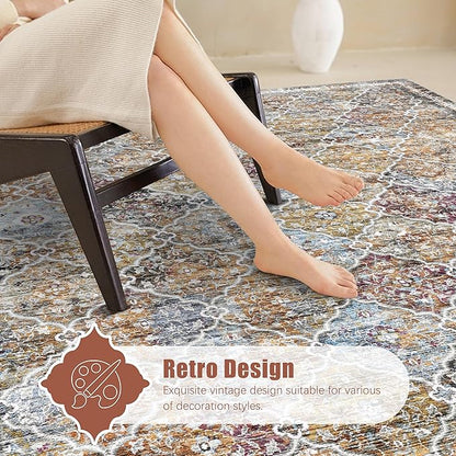 9' x 12' Washable Area Rug - Low Pile Soft Vintage Indoor Rug for Living, Dining or Bedroom - Lightweight Carpet with Non-Slip Backing - Foldable for Easy Placement, Multi
