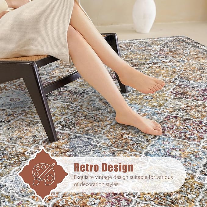 8' x 10' Washable Area Rug - Low Pile Soft Vintage Indoor Rug for Living, Dining or Bedroom - Lightweight Carpet with Non-Slip Backing - Foldable for Easy Placement, Multi