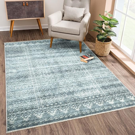 Bloom Rugs Caria Washable Non-Slip 4x6 Rug - Teal/Ivory Geometric Area Rug for Living Room, Bedroom, Dining Room, and Kitchen - Exact Size: 4' x 6'
