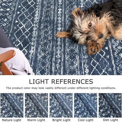 KUTA Boho Kitchen Rugs 2x5 ft Navy Blue Moroccan Washable Runner Rug Non-Slip Vintage Hallway Runners Ultra Soft Distressed Geometric Floor Carpet for Bedroom Laundry Living Room