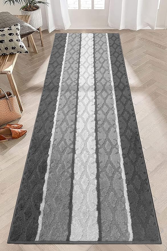 Custom Size Hallway Runner Rug, Slip Resistant, 26 Inch Wide x Your Choice of Length Size, Damask Anthracite, 26 Inch X 16 Feet, Sold and Priced Per Foot