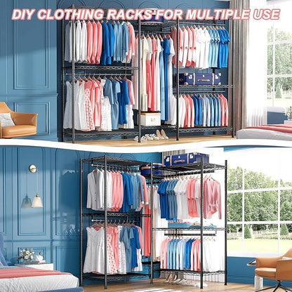 Raybee Clothes Rack for Hanging Clothes,Clothing Rack with Shelves,Portable Closet,for Apartment,Bedroom,Metal, Adjustable,Max Load 900lbs,Black