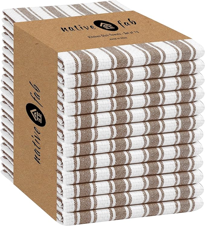 Native Fab Stripe Kitchen Towel - 12 Pack - Basket Weave 100% Cotton Dish Towels - 16x26 inches - Absorbent Towels for Cleaning, Quick Drying, Washable Dish Cloths with Hanging Loop - Brown