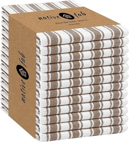 Native Fab Stripe Kitchen Towel - 12 Pack - Basket Weave 100% Cotton Dish Towels - 16x26 inches - Absorbent Towels for Cleaning, Quick Drying, Washable Dish Cloths with Hanging Loop - Brown