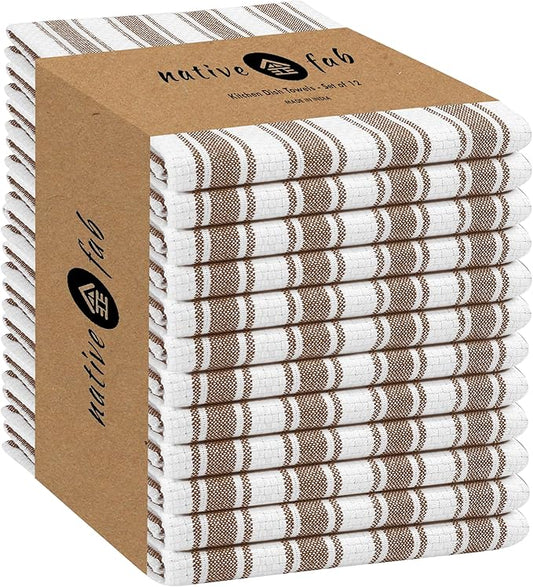 Native Fab Stripe Kitchen Towel - 12 Pack - Basket Weave 100% Cotton Dish Towels - 16x26 inches - Absorbent Towels for Cleaning, Quick Drying, Washable Dish Cloths with Hanging Loop - Brown
