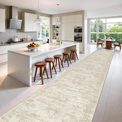 Washable Runner Rug 2.5x16, Non-Slip Long Hallway Runner for Entryway, Soft Vintage Kitchen Mats for Floor, Abstract Dining Room, Bedroom, Living Room Rugs(2.5'x16', Beige/Ivory)