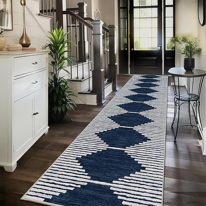 HelloTree Hallway Runner Rug，2.6x10 Moroccan Modern Stripe Carpet Washable Machine Bathroom Runner Bohemian Design Modern Soft Non Slip Indoor Rug for Entryway Hallway Laundry Room Bedroom-Blue