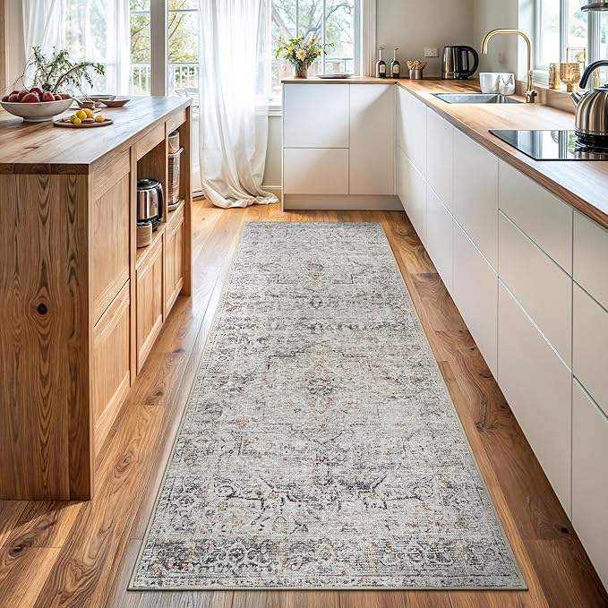 Bloom Rugs Caria Washable Non-Slip 12 ft Runner - Ivory/Gray/Caramel Traditional Runner for Entryway, Hallway, Bathroom, and Kitchen - Exact Size: 2'6" x 12'