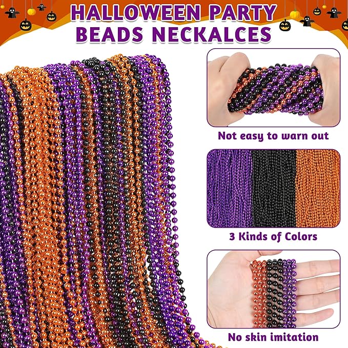 120 PCS Halloween Beads Necklaces, Black Purple Orange Beads Bulk, Halloween Party Accessories Parade Necklaces, Happy Trick Treat Mardi Gras Supplies Party Supplies Stuff
