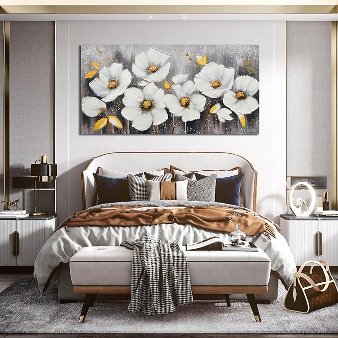 CIRABKY White Flower Canvas Wall Art for Living Room - Modern Hand Painted Wall Art for Office - Teen Girls Room Decor for Bedroom 29" x 59"