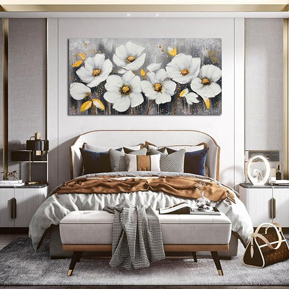 CIRABKY White Flower Canvas Wall Art for Living Room - Modern Hand Painted Wall Art for Office - Teen Girls Room Decor for Bedroom 29" x 59"