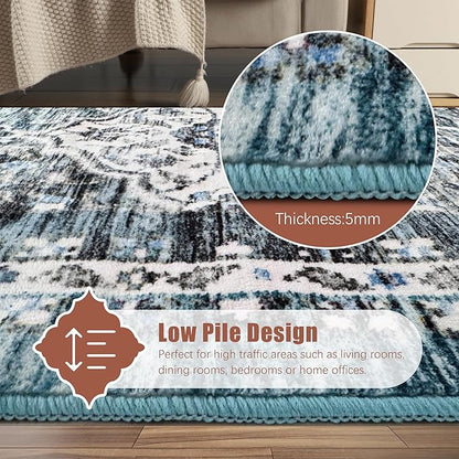 6' x 9' Washable Area Rug - Low Pile Soft Vintage Indoor Rug for Living, Dining or Bedroom - Lightweight Carpet with Non-Slip Backing - Foldable for Easy Placement, Ocean Blue