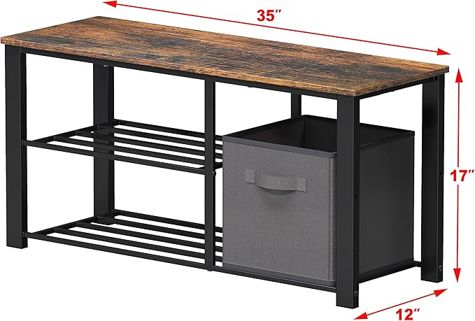 Simple Houseware 2 Tier Shoes Bench with Wood Top and Storage Bins, Rustic Brown