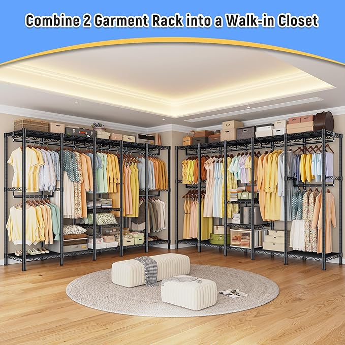 Raybee 88.2" W Clothes Rack Heavy Duty Clothing Racks for Hanging Clothes Portable Closet Loads 1200LBS Freestanding Garment Rack for Bedroom 88.2" W x 75.6" H x 15.7" D, Black