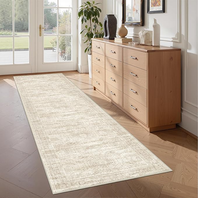 Rug Runners for Hallways Non Slip - 2x8 Runner Rug for Bedroom, Washable Runner with Rubber Backing, Soft Low-Pile Carpet for Kitchen, Laundry, Bathroom (2'x8', Beige/Ivory)