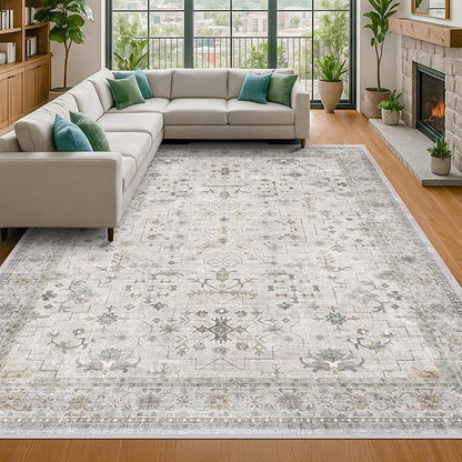 Boho Light Grey Living Room Rug 9x12 - Modern Vintage Eclectic Floral Pastel Neutral Taupe, Washable Low Pile Non-Slip Extra Large Area Rugs for Dining Under Table Bedroom