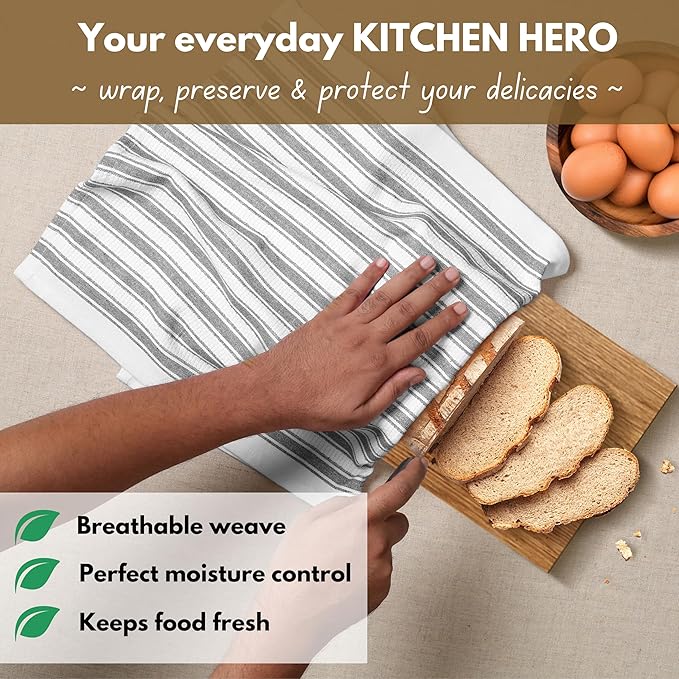 Native Fab Gray Stripe Kitchen Towels - 12 Pack - 100% Cotton, Basket Weave Striped Dishcloths Set - 16 x 26 Inches - Absorbent, Quick Drying, Durable & Washable Towel with Hanging Loop - Grey White