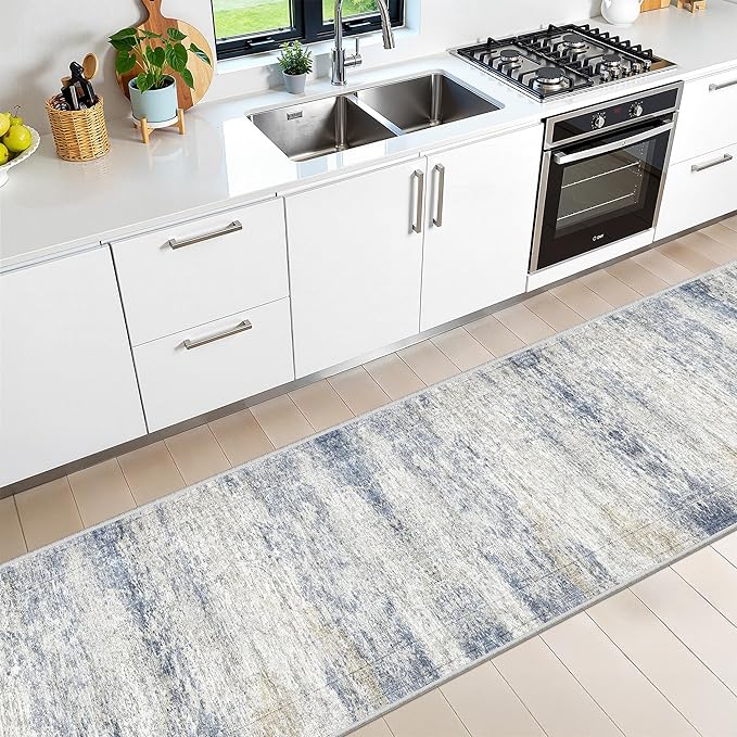 Long Hallway Runner Rug- Carpet Runners for Hallway 12ft, Anti Slip Backing Washable Rug Runner for Entrance, Living Room, Soft Low Pile Mordern Rug Runner(2'x12', Blue/Brown/Ivory)