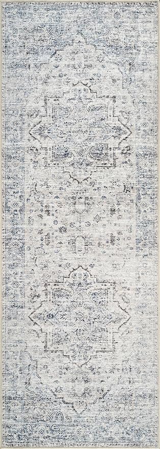 Bloom Rugs Caria Washable Non-Slip 7 ft Runner - Ivory/Blue/Gray Traditional Runner for Entryway, Hallway, Bathroom, and Kitchen - Exact Size: 2'6" x 7'