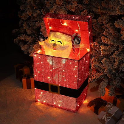 Light Up Electric Santa Claus Decor with 100 LED Lights, 3D Pre-Lit Animated Santa Claus for Xmas Decoration, 14.17" L x 10" W x 26.97" H Freestanding Glittered Display for Outdoor, Indoor