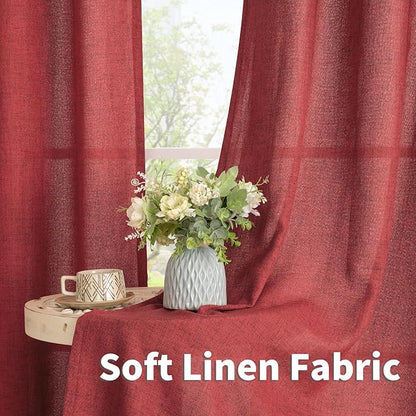 YoungsTex Red Linen Kitchen Curtains 36 Inch Length, Short Light Filtering Drapes Semi Sheer with Bronze Grommet Christmas Decor for Cafe Bathroom Window, 42 x 36 Inch, 2 Panels
