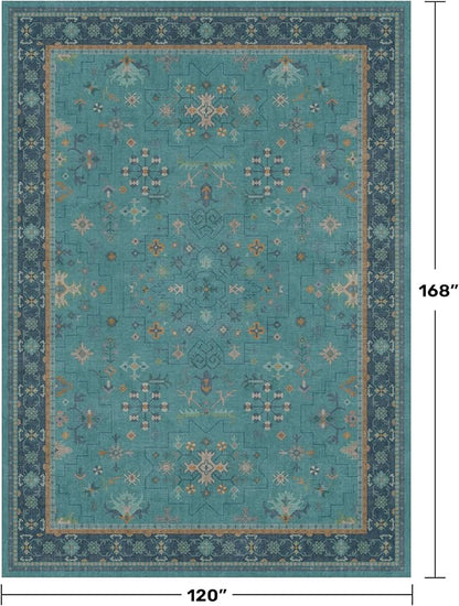 Washable 10x14 Teal Boho Living Room Rug - Geometric Floral Design Area Rug for Dining Room, Non Slip Soft Carpet for Large Bedroom, Low Pile & Stain Resistant Mats