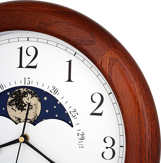 JUSTIME 14 Inch Exclusive Solid Oak Wood Non-Ticking Sweep Mechanical Specialty Moon Phase Moving Dial Wall Clock, Gift, Home Décor
