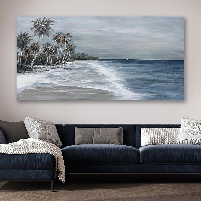 Coastal Wall Art Blue Gray Beach Wall Decor Landscape Abstract Canvas Painting Modern Ocean Artwork Framed for Living Room Bedroom Bathroom Office Decor 58"x29"Can Be Hung Directly