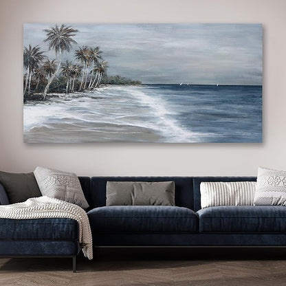 Coastal Wall Art Blue Gray Beach Wall Decor Landscape Abstract Canvas Painting Modern Ocean Artwork Framed for Living Room Bedroom Bathroom Office Decor 48"x24"Can Be Hung Directly