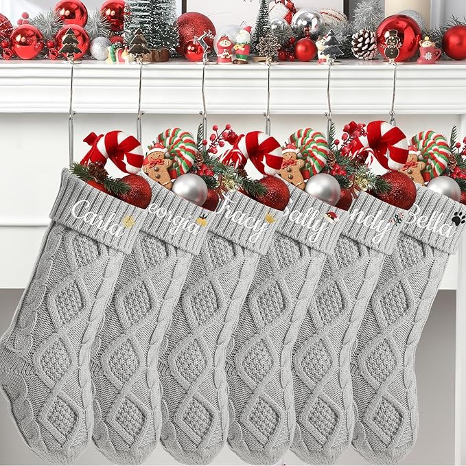 Personalized Christmas Stockings,Custom Embroidered Name+Logo Xmas Knitted Stockings 18'',Holiday and Family Stocking for Fireplace Christmas Holiday Party Decoration 1-6Pack（Grey）