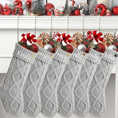Personalized Christmas Stockings,Custom Embroidered Name+Logo Xmas Knitted Stockings 18'',Holiday and Family Stocking for Fireplace Christmas Holiday Party Decoration 1-6Pack（Grey）