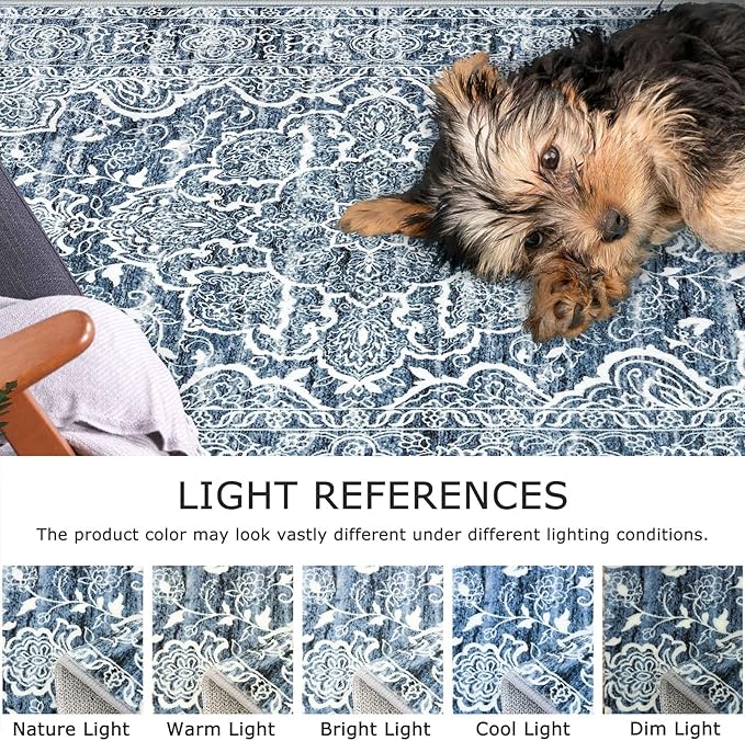 KUTA Vintage Washable Runner Rug, 2x5 Runners Non-Slip Blue White 5ft Hallway Kitchen Rugs Ultra Soft Printed Floral Distressed Tribal Farmhouse Carpet for Bedroom Entryway Decor