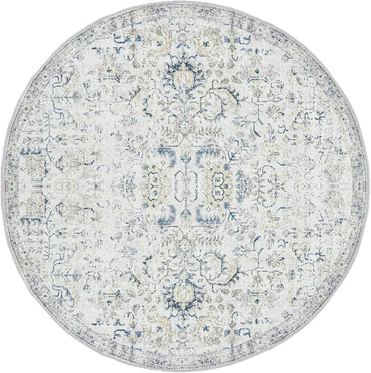jinchan Round Rug 4ft Area Rug Washable Vintage Indoor Retro Accent Entryway Floor Cover Distressed Floral 4' Round Circle Boho Non Slip Thin Carpet for Kitchen Bedroom Living Room Dining Room Blue
