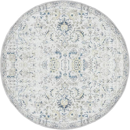 jinchan Round Rug 6ft Area Rug Washable Vintage Indoor Retro Accent Floor Cover Distressed Floral 6' Round Circle Boho Non Slip Thin Carpet for Living Room Dining Room Bedroom Kitchen Blue