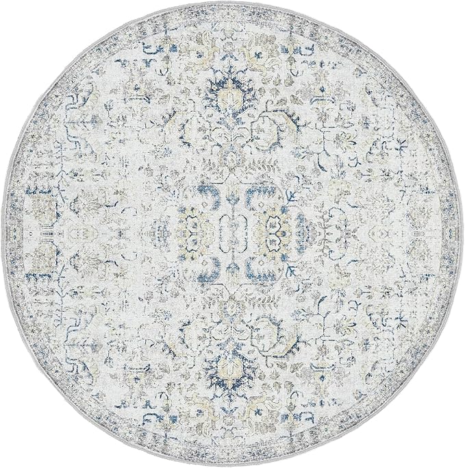 jinchan Round Rug 7ft Area Rug Washable Vintage Indoor Retro Accent Floor Cover Distressed Floral 7' Round Circle Boho Non Slip Thin Carpet for Living Room Dining Room Bedroom Kitchen Blue