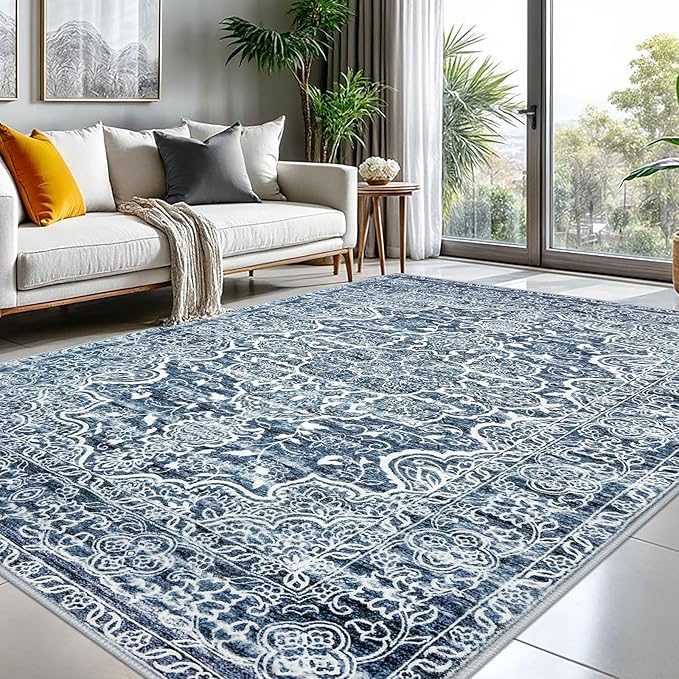 KUTA Vintage 8x10 Area Rugs for Living Room, Washable Large Rug for Bedroom 8ft x 10ft Non-Slip, Blue White Ultra Soft Printed Traditional Floral Medallion Distressed Dining Room Low-Pile Carpet