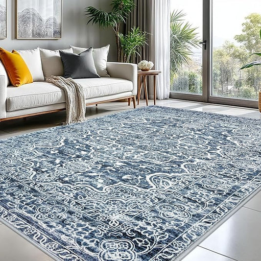 KUTA Vintage 8x10 Area Rugs for Living Room, Washable Large Rug for Bedroom 8ft x 10ft Non-Slip, Blue White Ultra Soft Printed Traditional Floral Medallion Distressed Dining Room Low-Pile Carpet