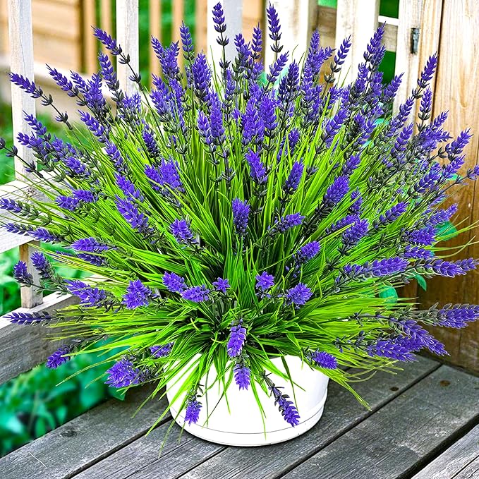 Artificial Plants Outdoor, 22 Pcs Fake Flowers UV Resistant Outdoor Lavender Artificial Flowers, Plastic Faux Plants Greenery Shrubs for Home Porch Garden Yard Window Box